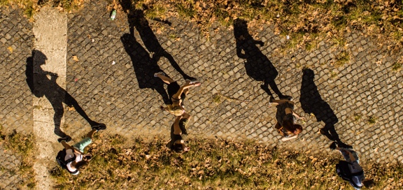 People walking around campus.