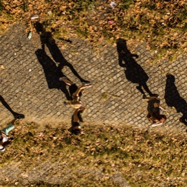 People walking around campus.