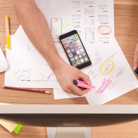 Overhead shot of a desk with papers